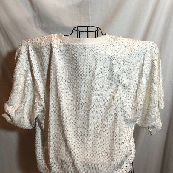 NWT Mainstray MEDIUM HAPPY ALWAYS White Sequin Crop Top 23.5" Pit to Pit - Picture 4 of 7
